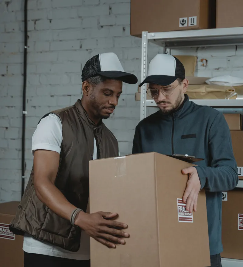 Two workers checking a parcel against a document